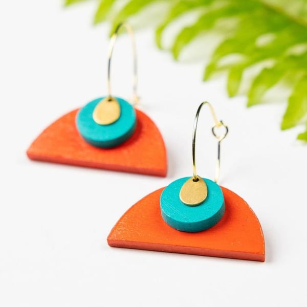 Bright and colourful, wood and brass hoop earrings (The Haytor hoop earrings) 