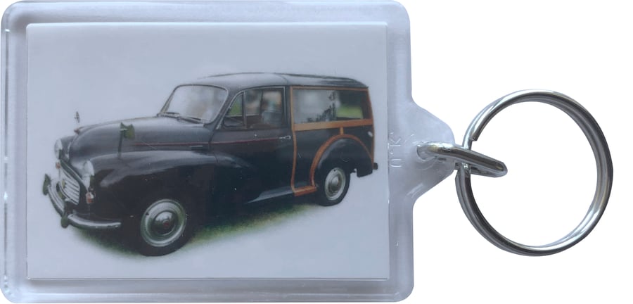 Morris Minor Traveller 1970 (Black) - Keyring with 50x35mm Insert - Car Fan