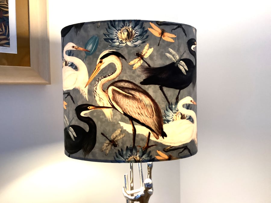 Oval lampshade in crane velvet , grey background