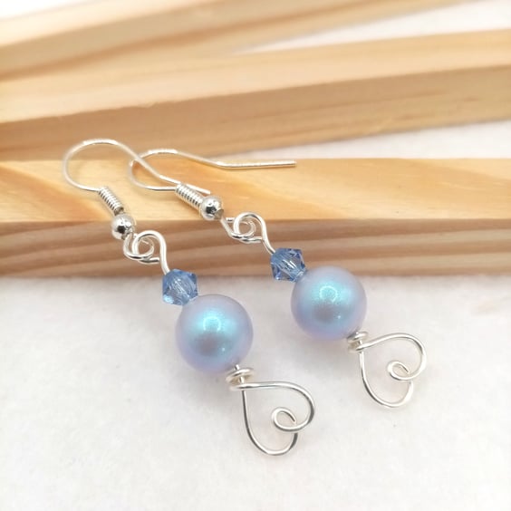Iridescent Blue Austrian Crystal Pearl Earrings, Silver Heart Drop Earrings