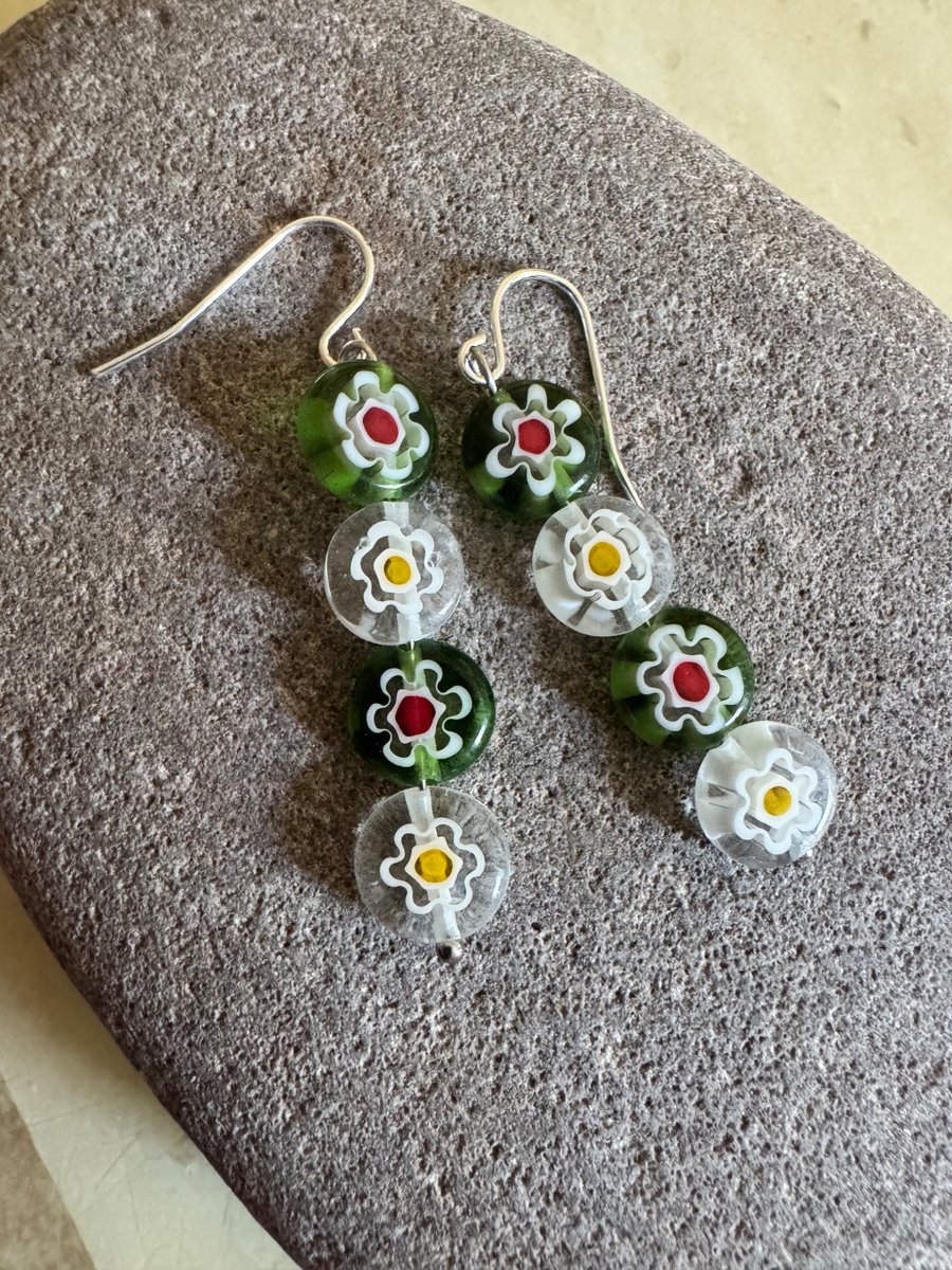 Millefiori bead dangle earrings 