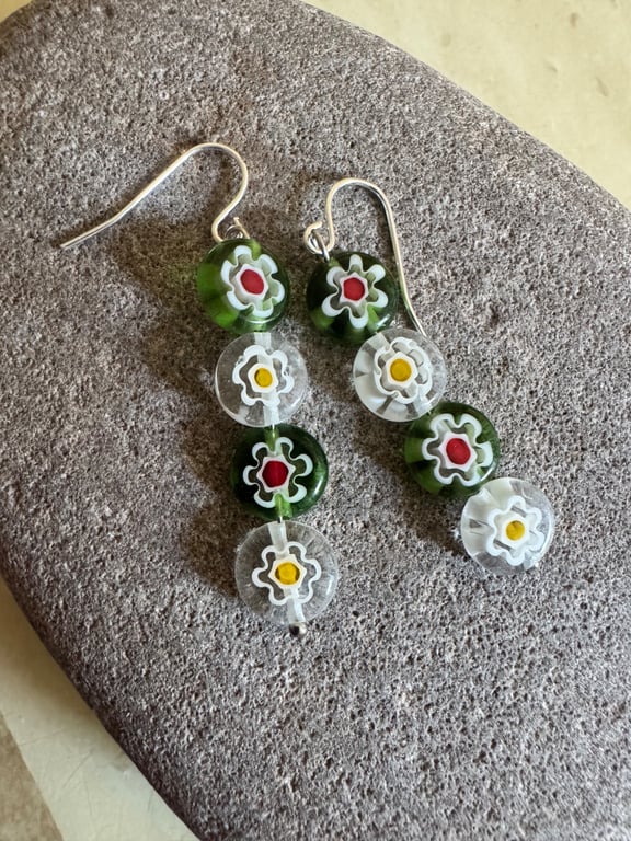 Millefiori bead dangle earrings 