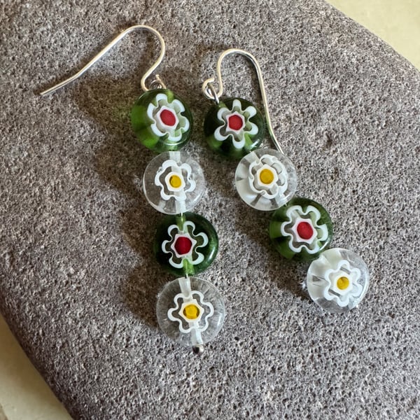 Millefiori bead dangle earrings 