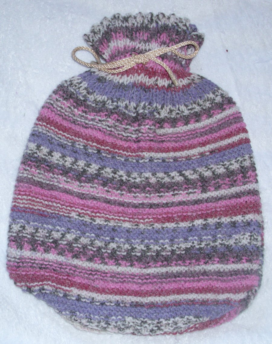 Hand Knitted heather mix hot water bottle cover with bottle