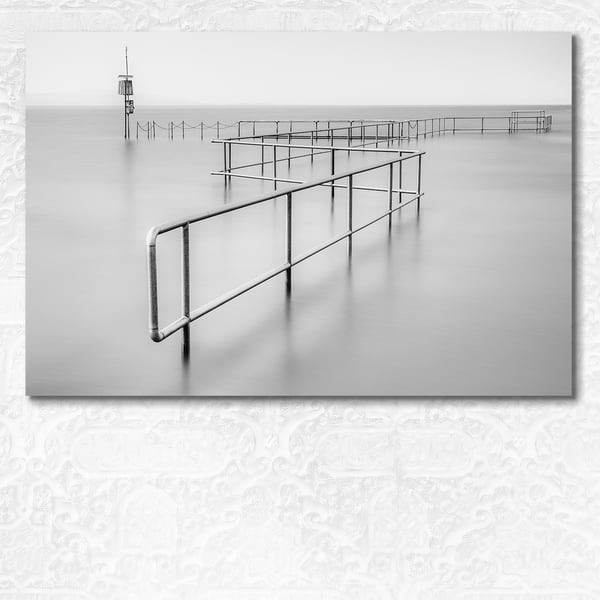 Minimalistic, black and white high tide at Marine Lake, Merseyside, England