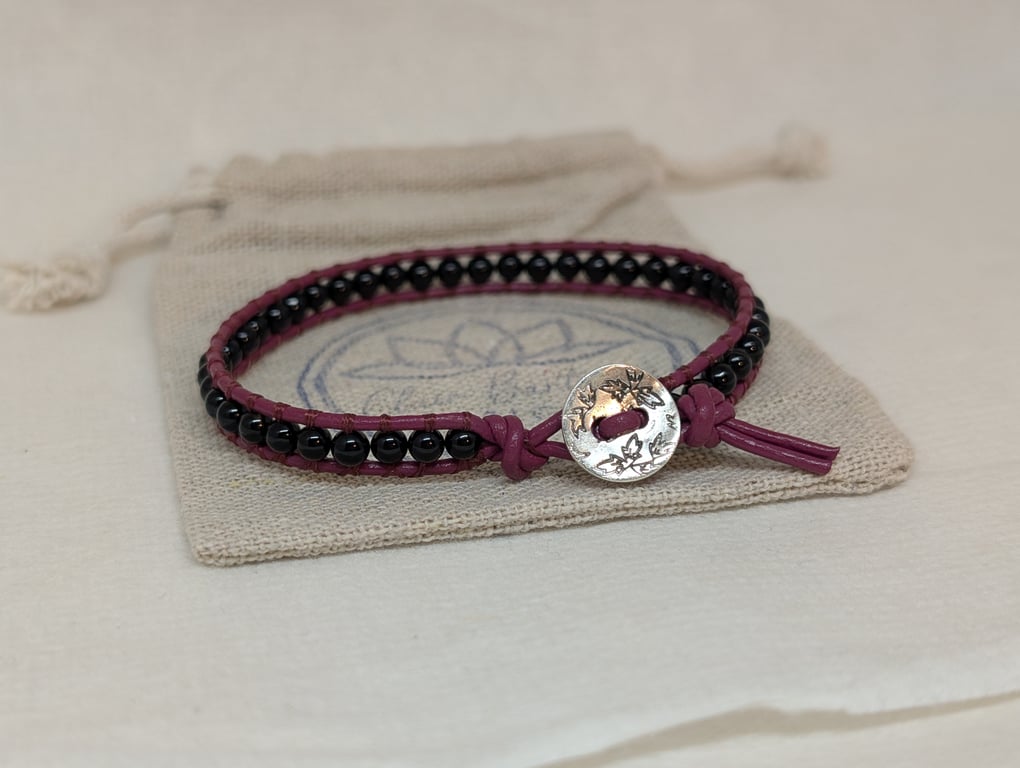 Black tourmaline and burgundy leather bracelet with button fastener