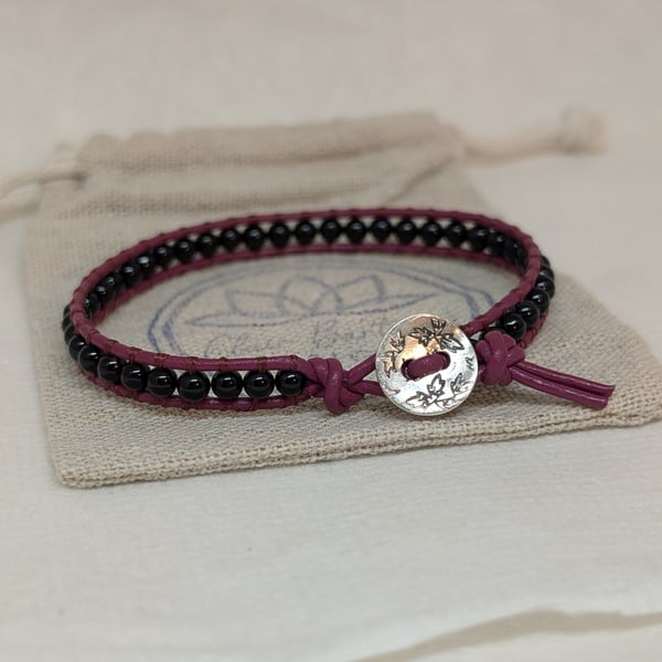 Black tourmaline and burgundy leather bracelet with button fastener