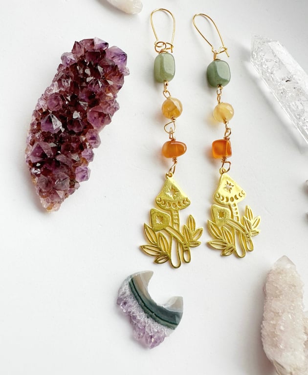 Mushroom Earrings, Crystal gold earrings, Aventurine, Carnelian, Agate, 