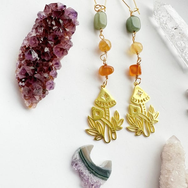Mushroom Earrings, Crystal gold earrings, Aventurine, Carnelian, Agate, 