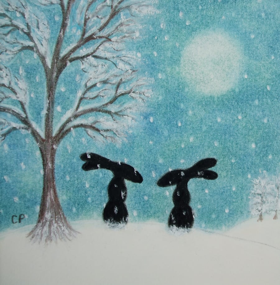 Hare Card, Christmas Art Card, Snow Rabbits Card, Bunny Moon Friends Card, Tree