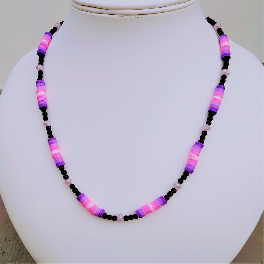 Ombre Black Purple Pink Beaded Adjustable Necklace 16 to 26 Inch