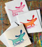 Happy turquoise sausage dog screen printed original square card- by Jo Brown - Image 3
