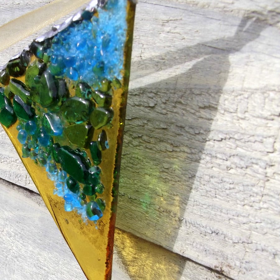 Breaking Wave, Fused Glass Bunting, Blue, Yellow, Sea Green 