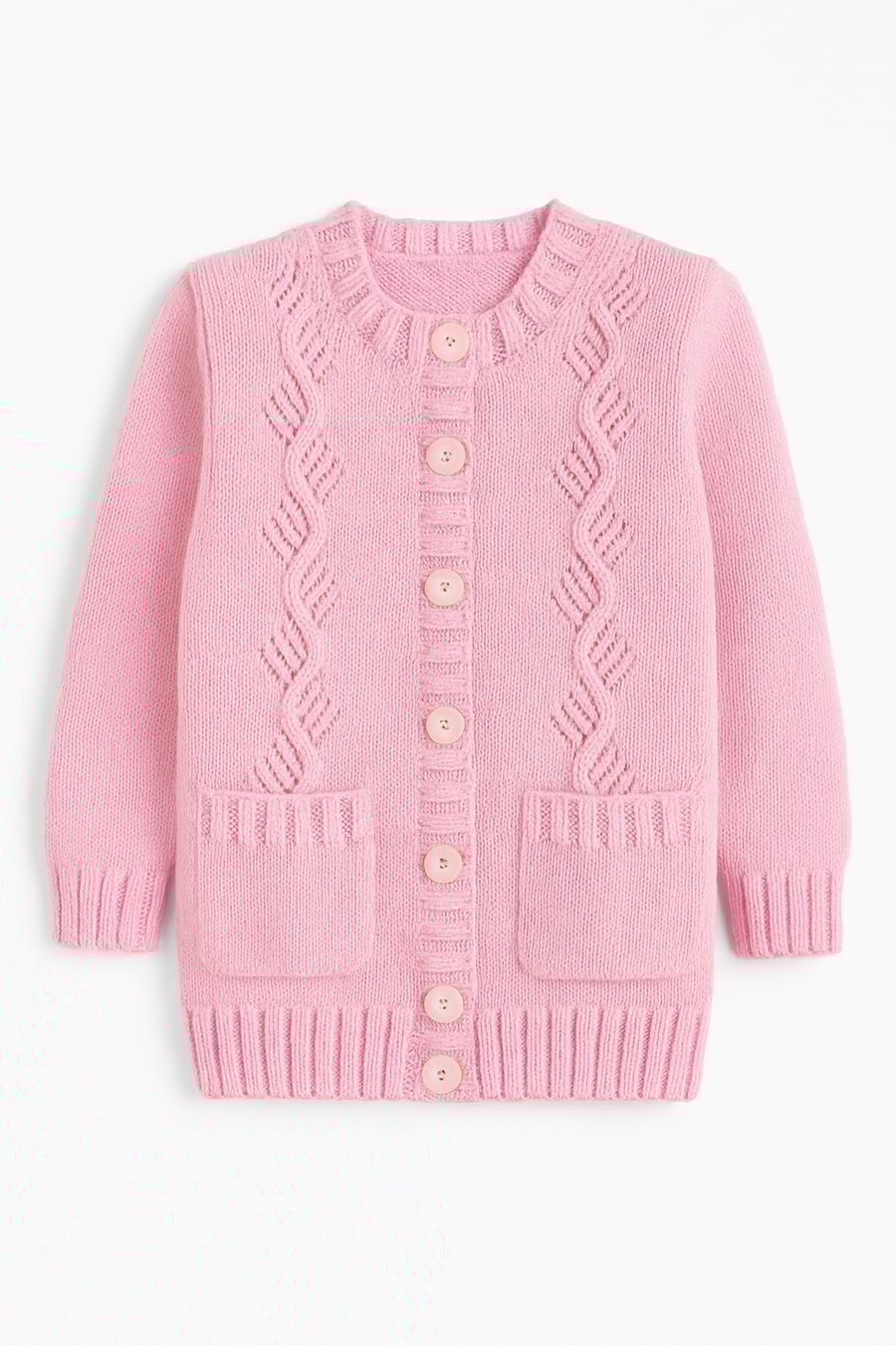 Powder pink girls cardigan 7 to 8 years in lacey pattern.