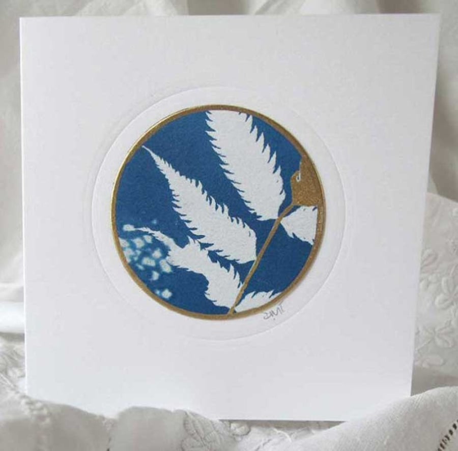 BOTANICAL CYANOTYPE PRINT CARD WITH GOLD LEAF
