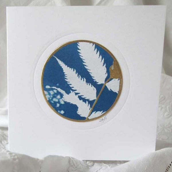 BOTANICAL CYANOTYPE PRINT CARD WITH GOLD LEAF