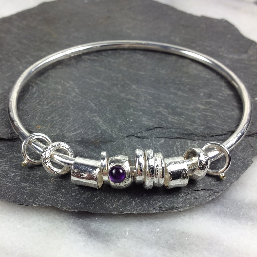  Silver amethyst and 18ct gold bangle