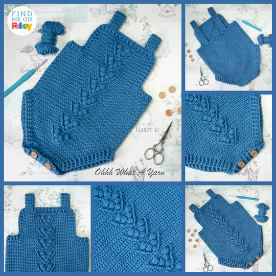 Blue crochet baby romper. Bobble stitch romper. Age 6-9 months