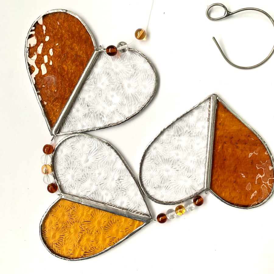 Stained Glass Hearts Suncatcher - Handmade Hanging Decoration - Amber 
