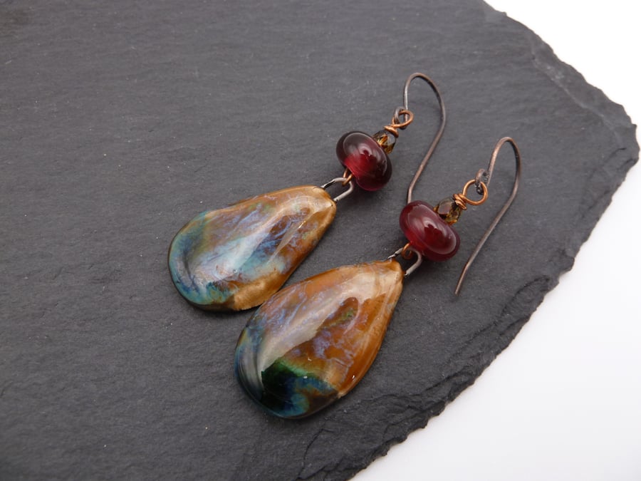 copper earrings, red lampwork glass and ceramic jewellery