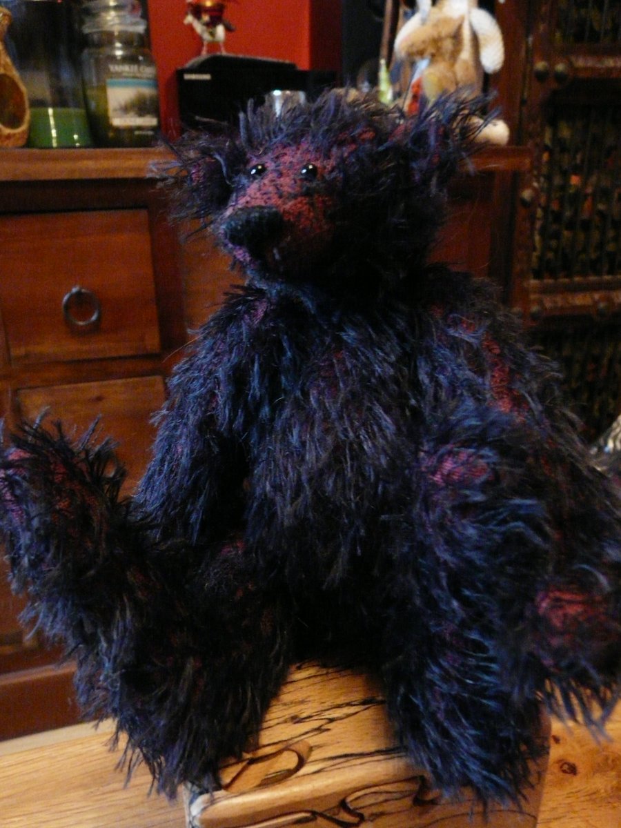 8" Handmade, Jointed Mohair Teddy Bear. Black and Red.