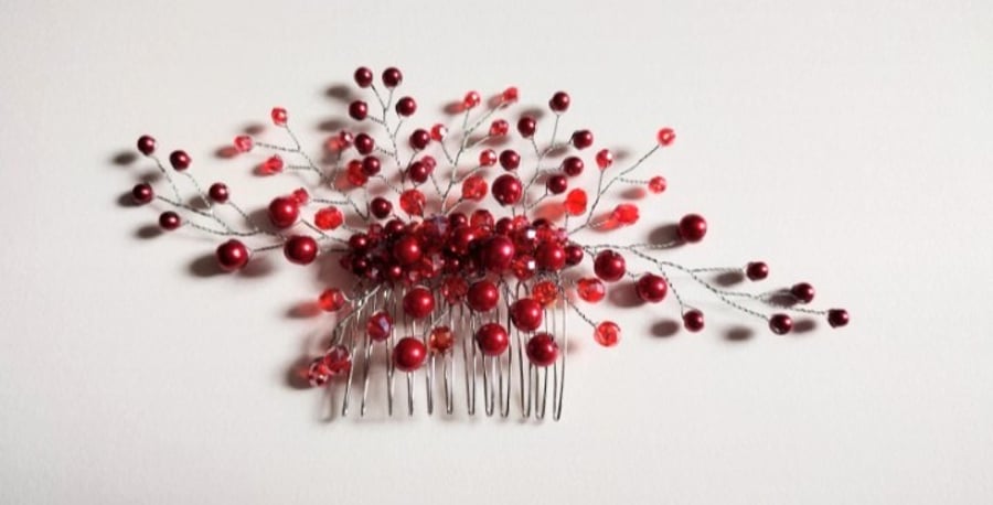 Red bridal hair comb, formal hair accessory 