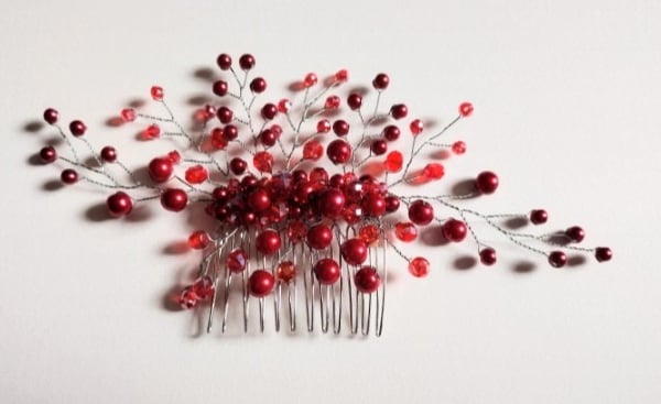 Red bridal hair comb, formal hair accessory 