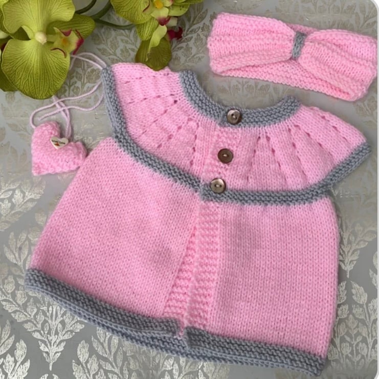 Knitted baby sleeveless cardigan and  turban style headband , grey and pink 