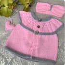 Knitted baby sleeveless cardigan and  turban style headband , grey and pink 