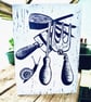 A freshly printed linocut greetings card featuring garden tools - Image 4