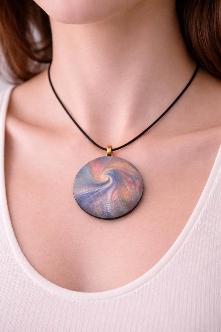 Handmade Polymer Clay Pendant Necklace, Colourful Artisan Boho Jewelry (40mm)