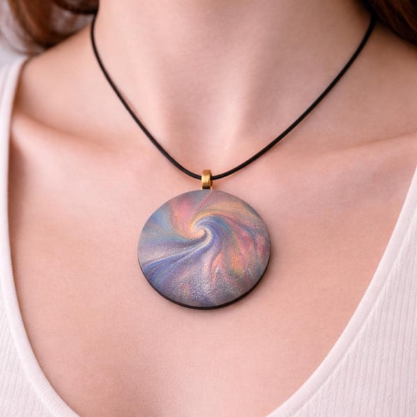 Handmade Polymer Clay Pendant Necklace, Colourful Artisan Boho Jewelry (40mm)
