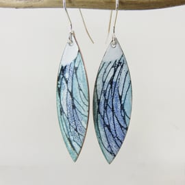 Copper and enamel oval dangle earrings with hand drawn detail