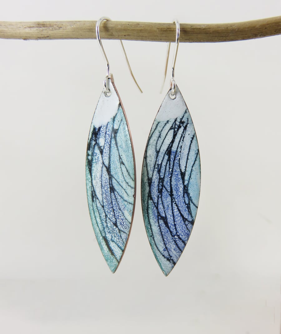 Copper and enamel oval dangle earrings with hand drawn detail