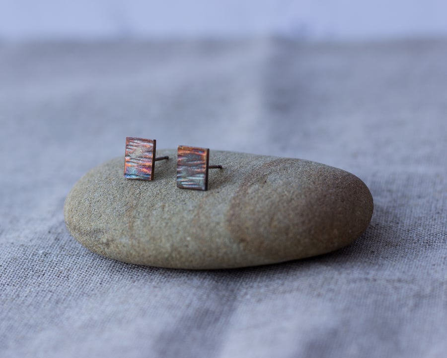 Oxidised Sterling Silver Bark Texture Rectangle Stud Earrings, Eco friendly