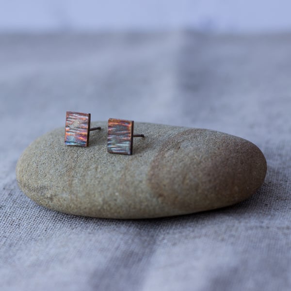 Oxidised Sterling Silver Bark Texture Rectangle Stud Earrings, Eco friendly