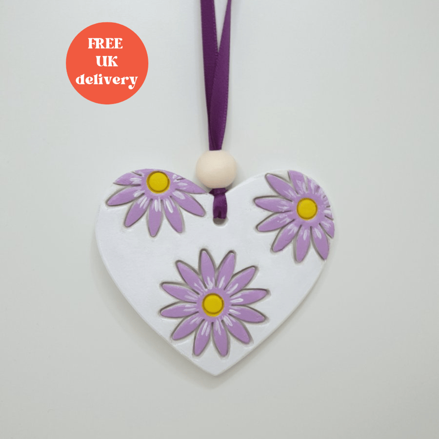 Pretty clay heart hanging decoration, floral gift for her