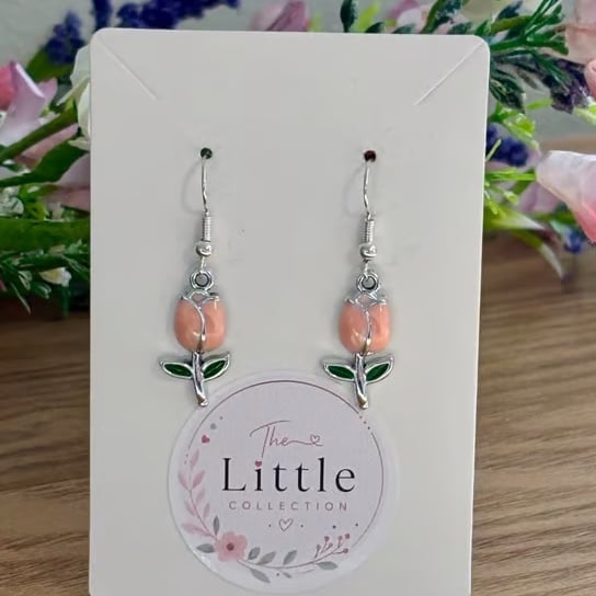 Pink Tulip Dangle Earrings, Enamel Floral Charms, Handmade Jewellery