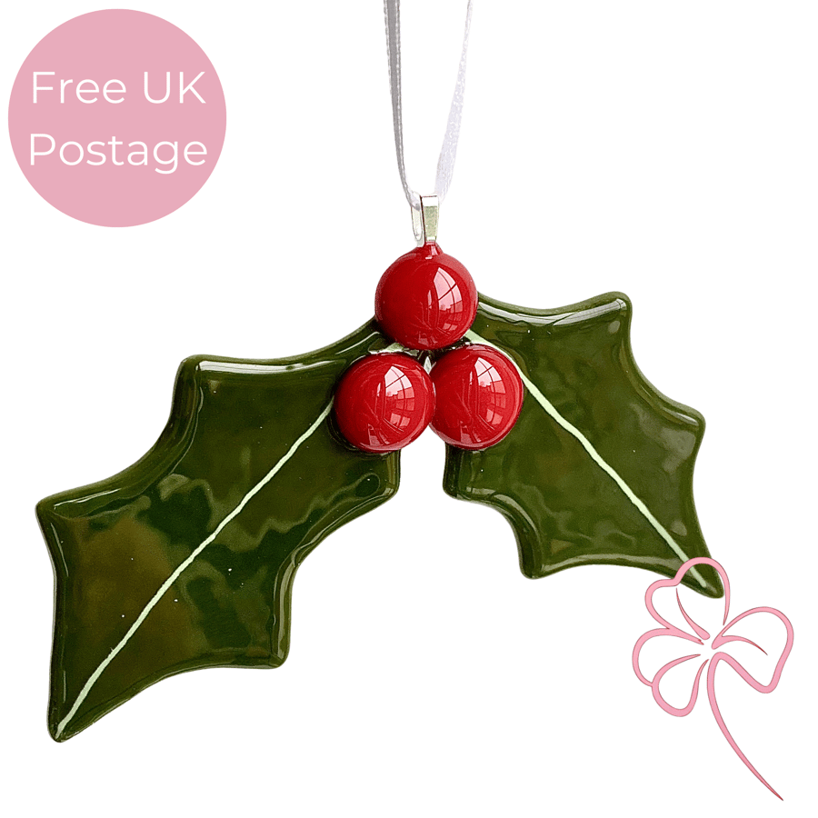 Fused Glass Christmas Holly Hanging Decoration 