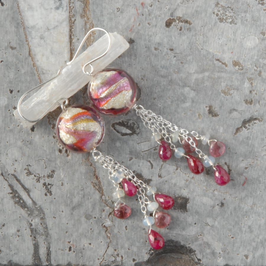 Ruby, pink tourmaline and murano glass silver tassel dangle earrings