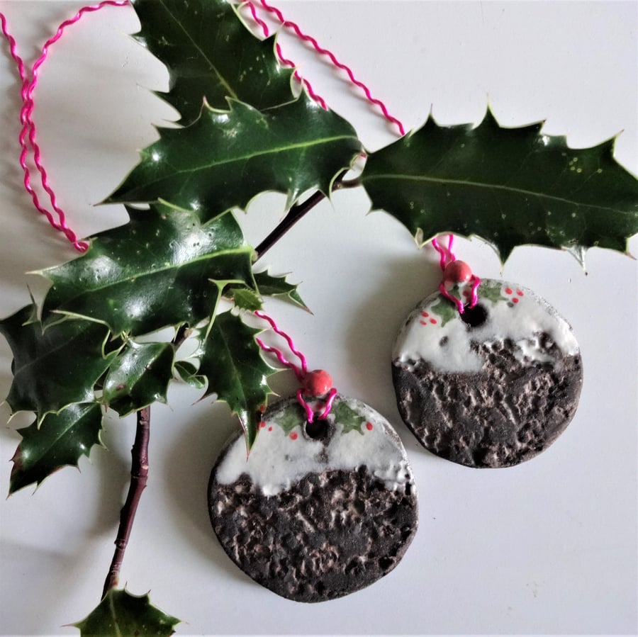 Set of 2 handmade ceramic Xmas tree ornaments, giftbox toppers, stocking fillers
