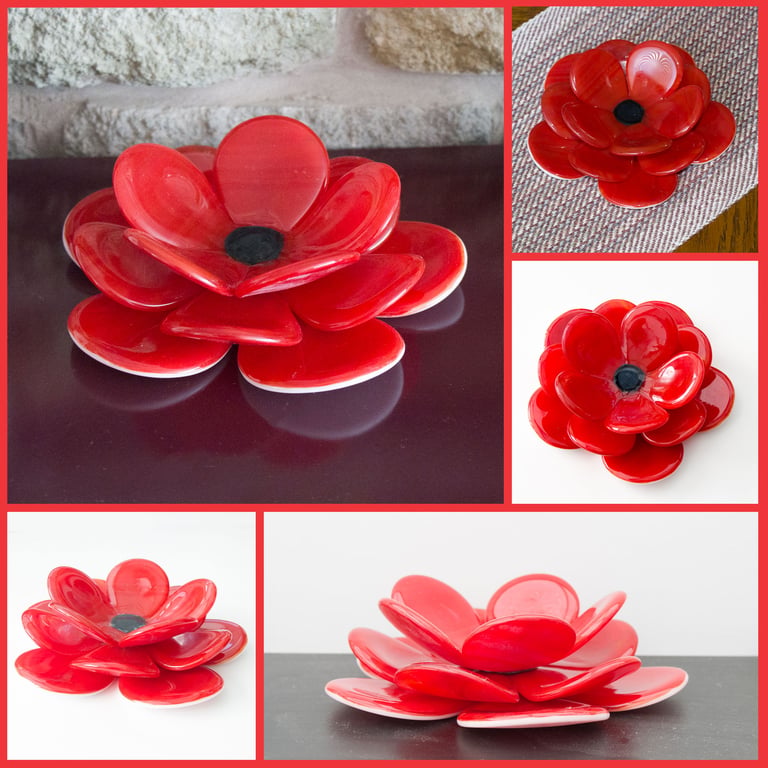 Red Fused Glass Flower Sculpture