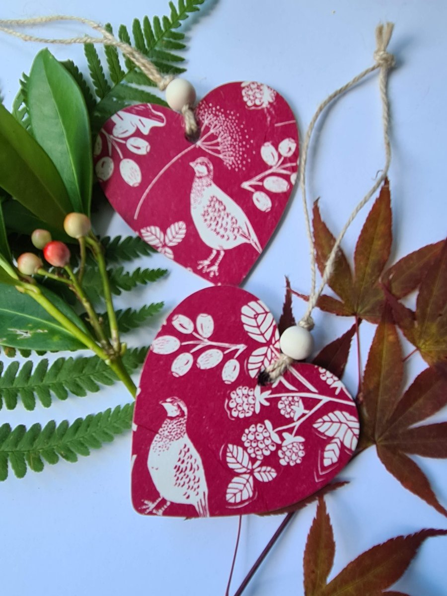 2 partridge hanging decorations woodland decoupage decor letterbox gift
