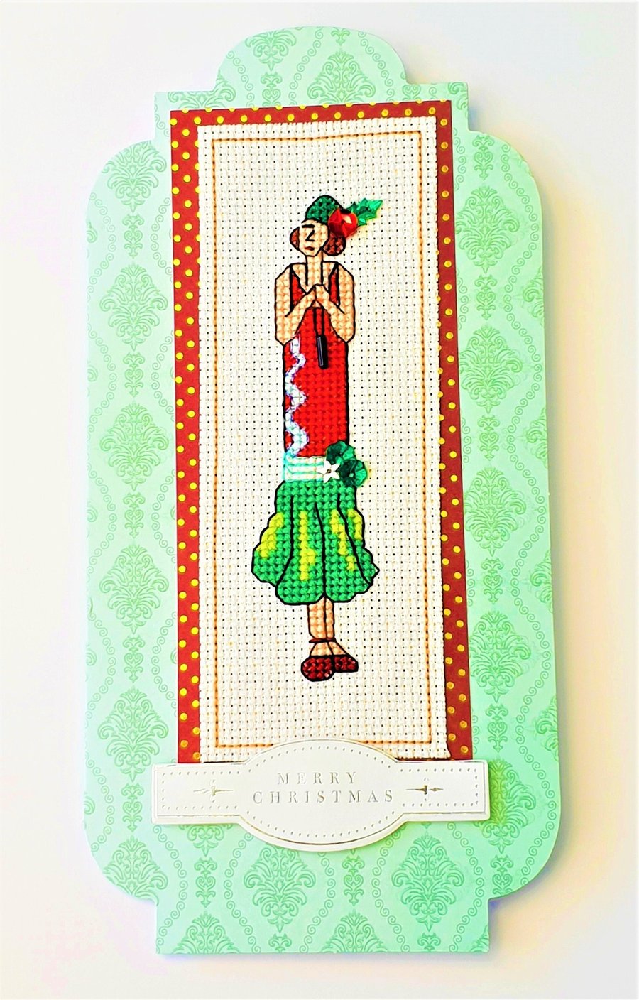 Image of Christmas 1920s Flapper lady Cross Stitch card