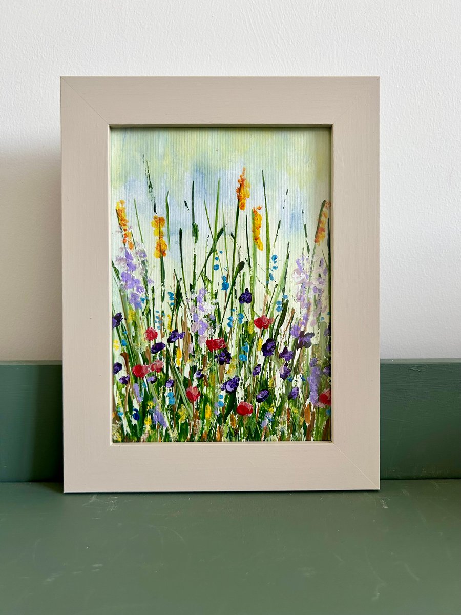 Summer Wildflowers Palette Knife Painting in Upcycled Wooden Frame