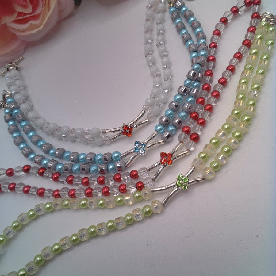2 Strand Bracelet with a Silver Crystal Centre, Gift for Her, Colour Choice 