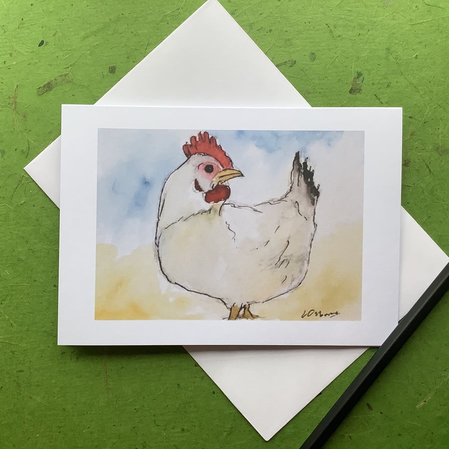 White chicken - greetings card. Blank inside. Animals.