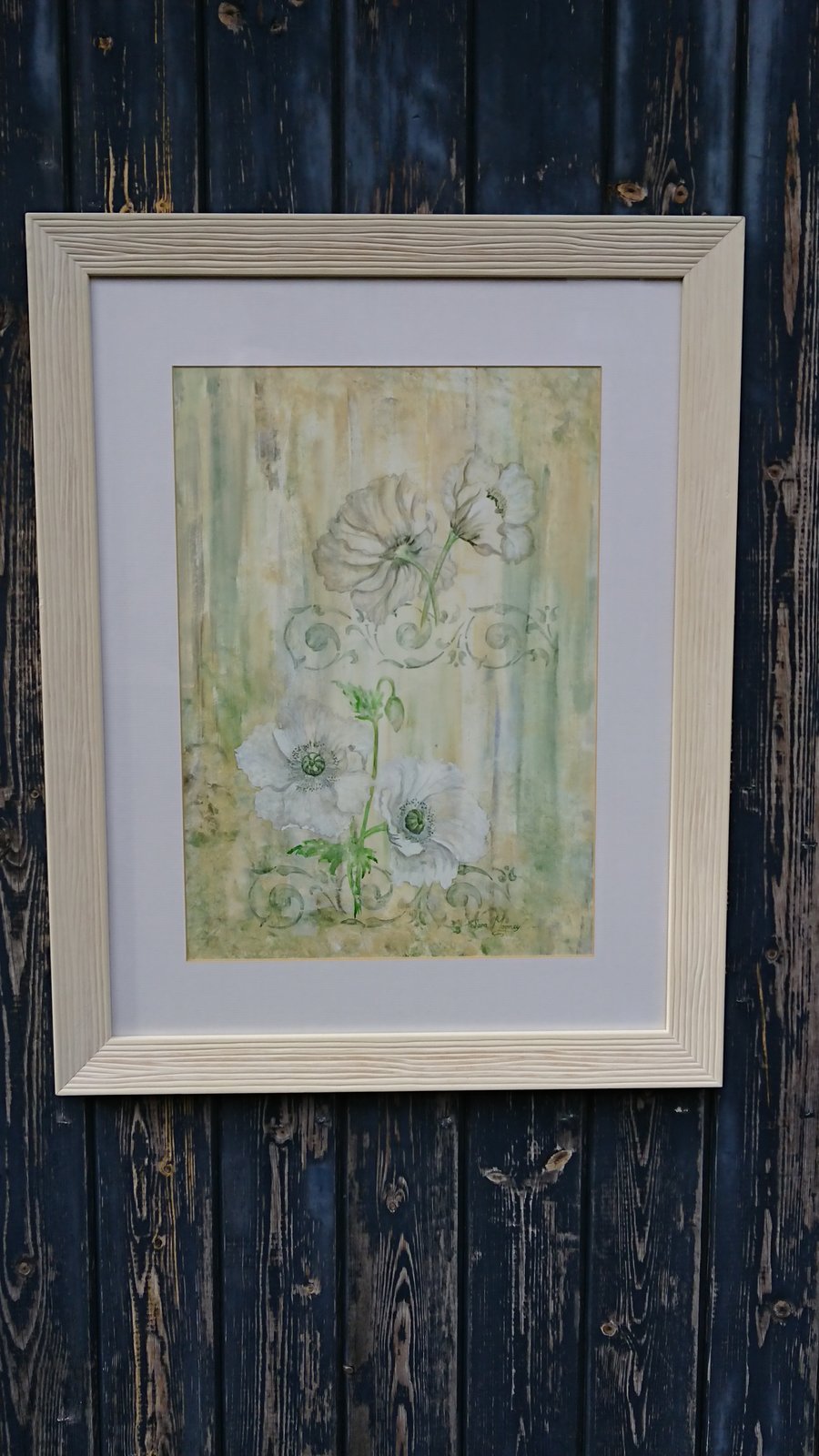 White poppies shabby chic original watercolour painting