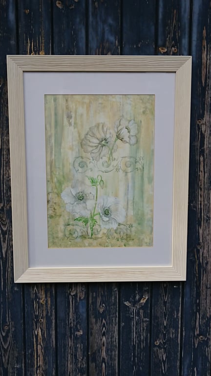 White poppies shabby chic original watercolour painting