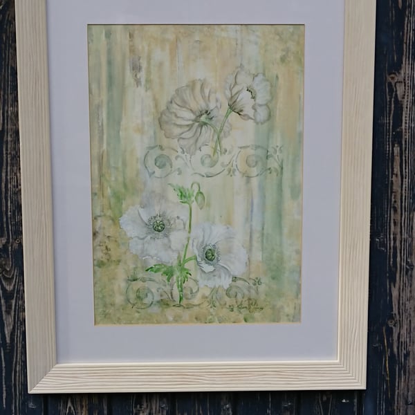 White poppies shabby chic original watercolour painting